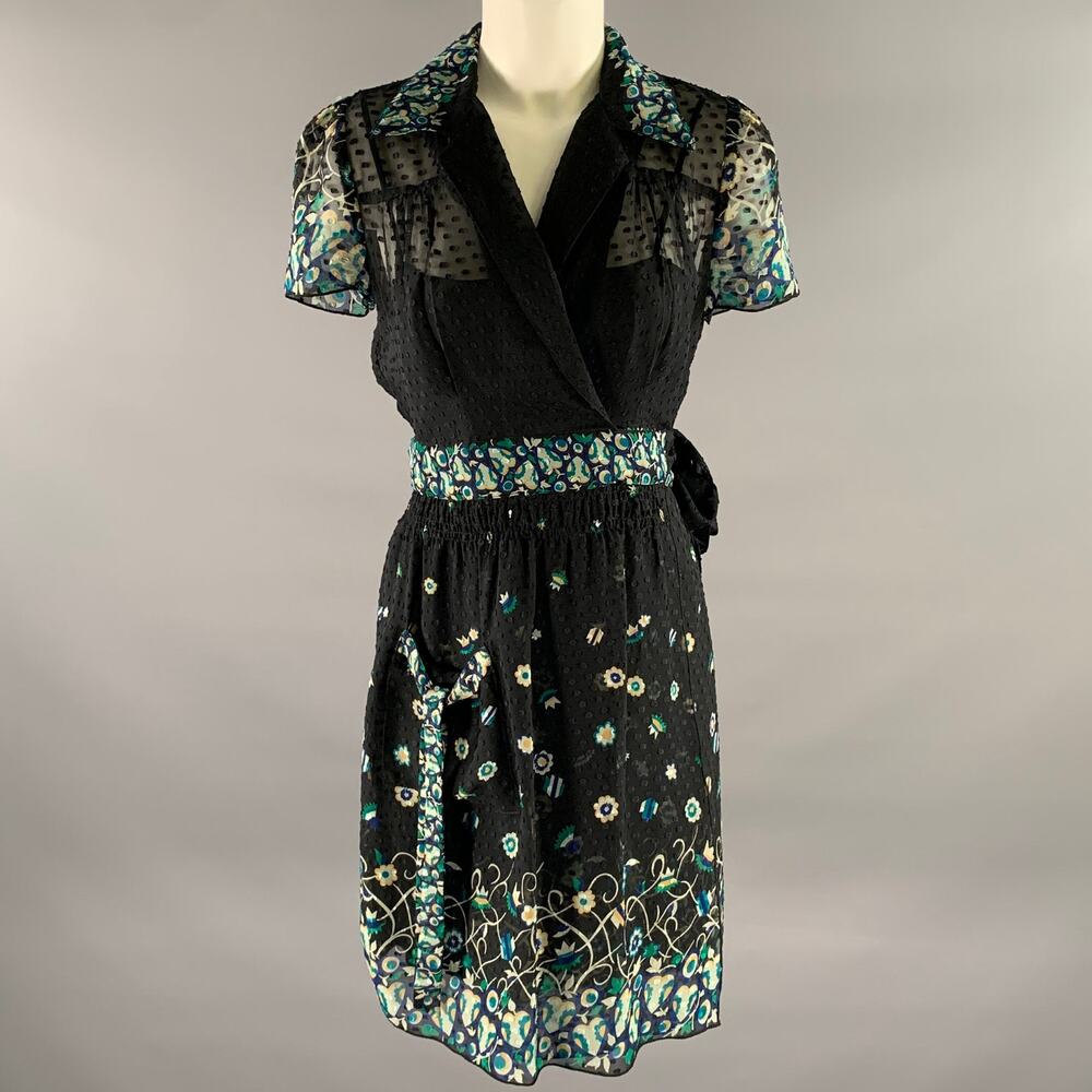 ANNA SUI Size 4 Black Blue Silk Floral Midi Knee-Length Dress